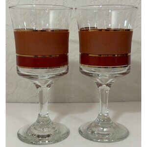 2 Vintage Libbey Brandywine Goblets / Glasses Red Gold Trim Footed Pedestal MCM